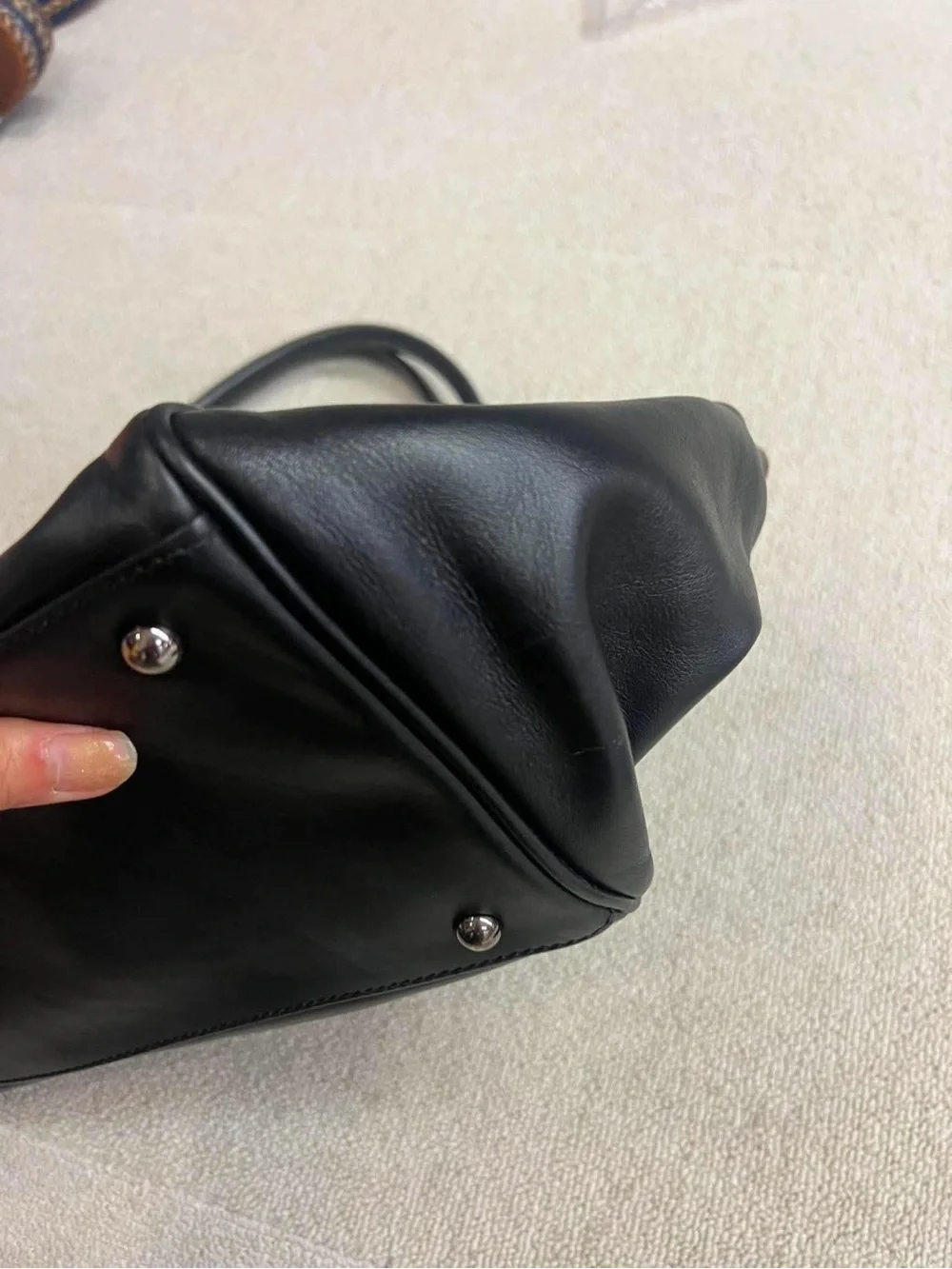 Longchamp Black Leather Tote with Brown Contrast Trim